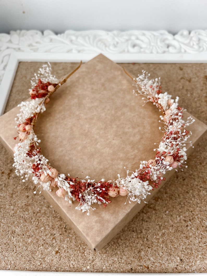 Couronne de fleurs séchées de mariage rustique en terre cuite, couronne de fleurs nuptiale, casque délicat image 8