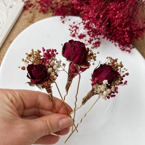 Burgundy Red Rose Wedding dried flower hair pins, Bridal hair accessories, boho floral hair clip, hair piece image 3