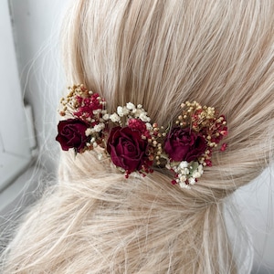 Burgundy Red Rose Wedding dried flower hair pins, Bridal hair accessories, boho floral hair clip, hair piece image 9