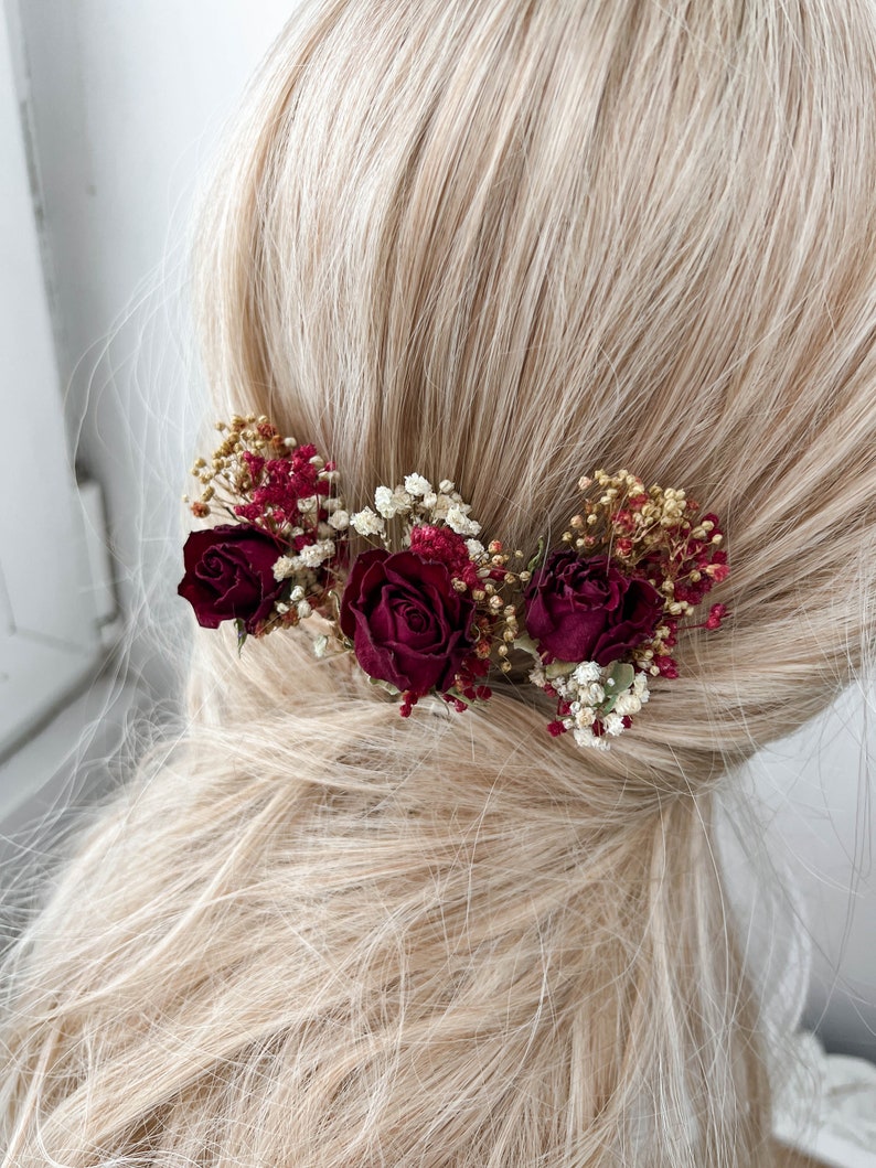 Burgundy Red Rose Wedding dried flower hair pins, Bridal hair accessories, boho floral hair clip, hair piece image 9