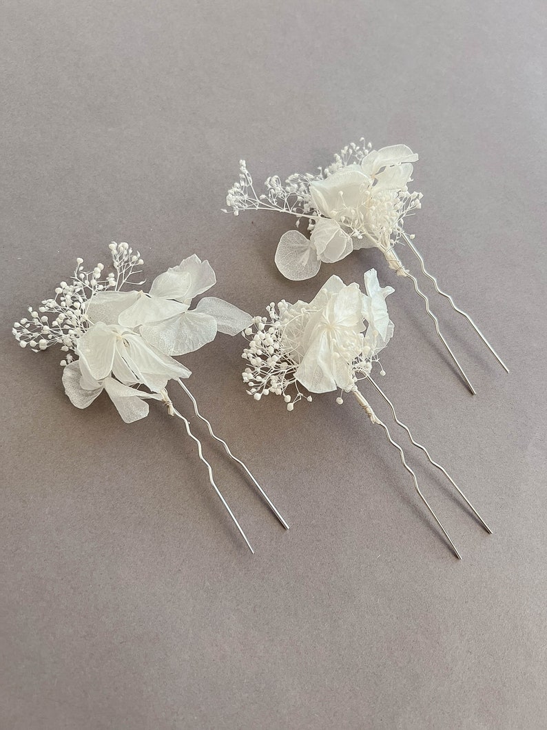 Épingles à cheveux de fleurs séchées d'hortensia blanc pour la mariée, accessoires pour cheveux, épingles à cheveux pour mariée mariage BOHO, accessoire pour cheveux floral image 10