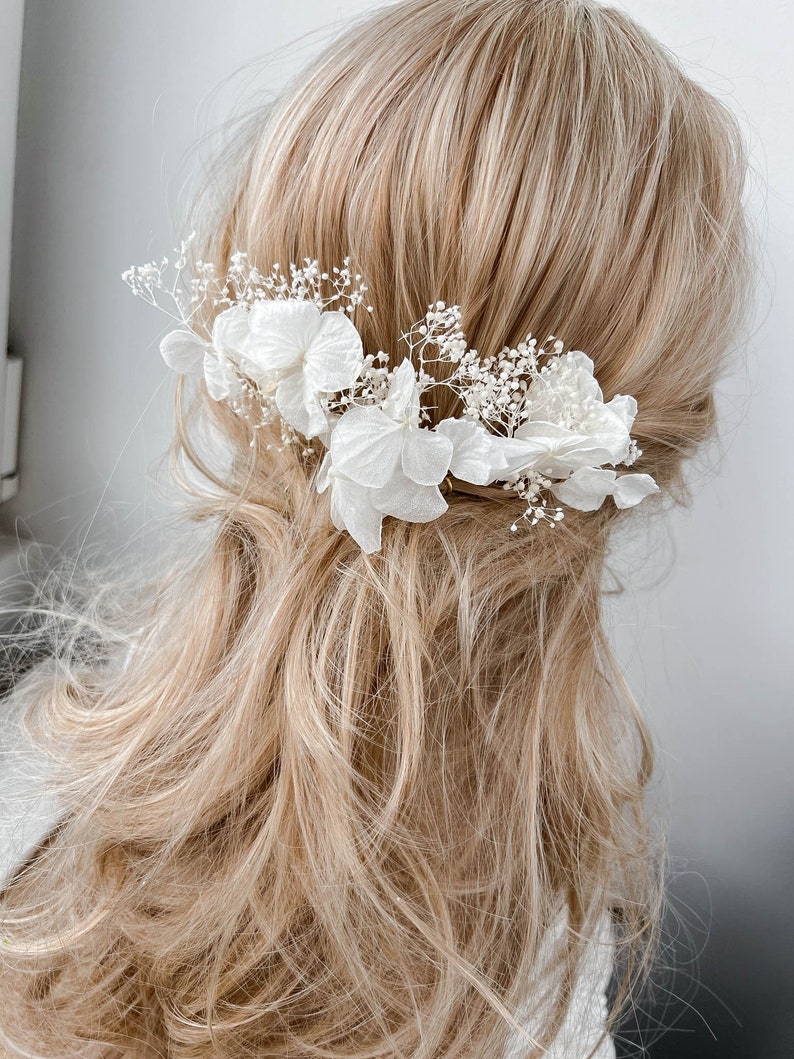 Épingles à cheveux de fleurs séchées d'hortensia blanc pour la mariée, accessoires pour cheveux, épingles à cheveux pour mariée mariage BOHO, accessoire pour cheveux floral image 1