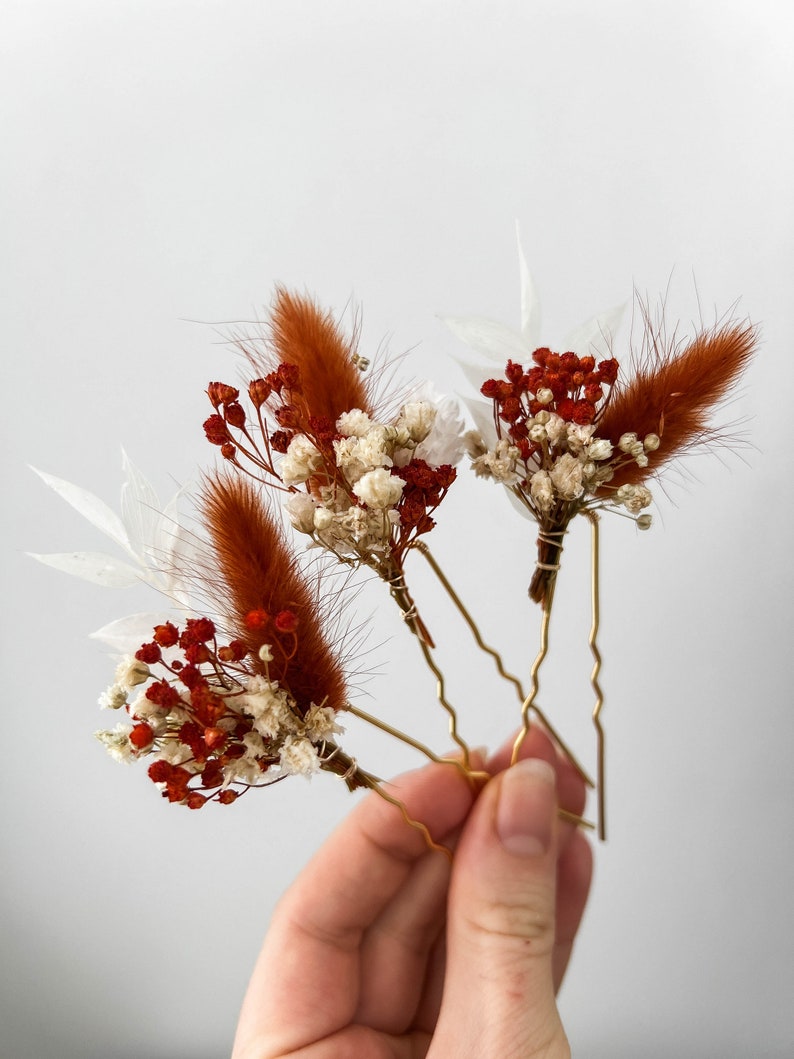 Forcine per capelli con fiori secchi in terracotta, accessori per capelli da sposa autunno autunno, pezzo per capelli da sposa rustico Boho, piccoli fermagli per capelli floreali immagine 8