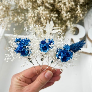 Majestic Blue Wedding Dried flower hair pins, Boho Bridal hair accessories, bohemian Gypsophila hair piece, Babys Breath hair clips image 2