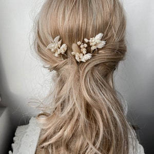 Boho gedroogde bloem haarspelden, witte Boho Wedding Flower haarspelden, bruidshaaraccessoires, echte bloemen Gypsophila haarclips afbeelding 4