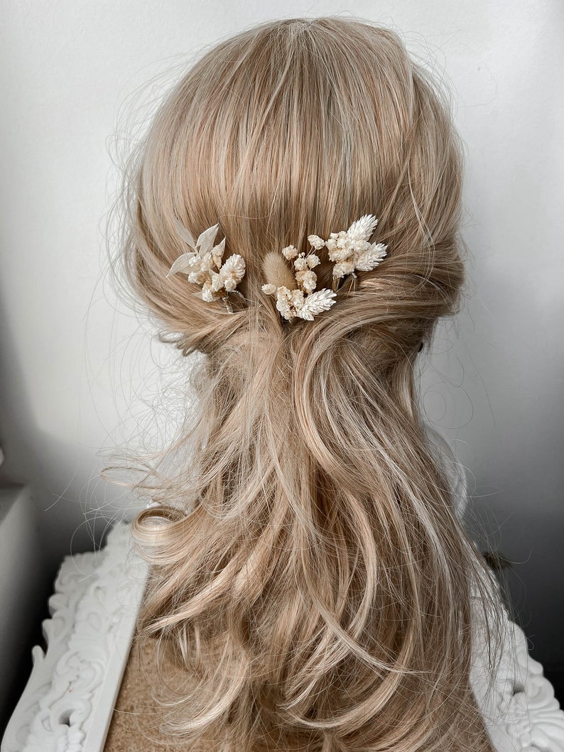 Boho gedroogde bloem haarspelden, witte Boho Wedding Flower haarspelden, bruidshaaraccessoires, echte bloemen Gypsophila haarclips afbeelding 4