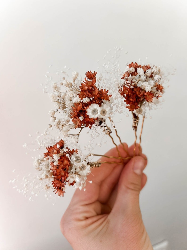 Épingles à cheveux fleurs séchées de mariage en terre cuite, accessoires de cheveux de mariage automne automne, morceau de cheveux de mariée bohème rustique, pinces à cheveux florales image 1