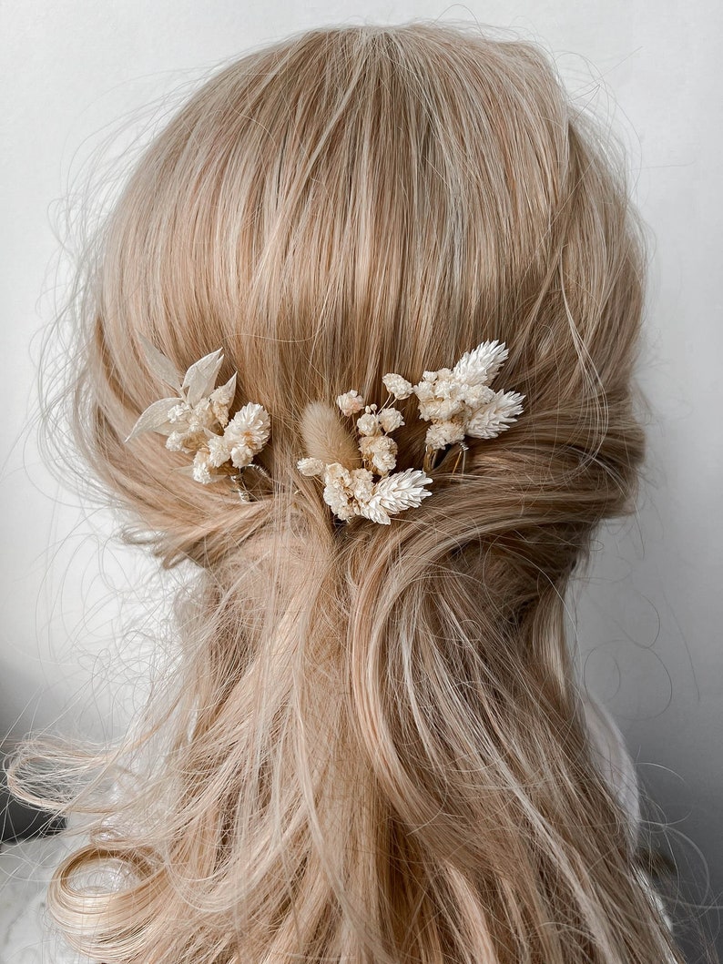 Boho gedroogde bloem haarspelden, witte Boho Wedding Flower haarspelden, bruidshaaraccessoires, echte bloemen Gypsophila haarclips afbeelding 9