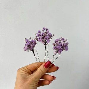 Horquillas para el cabello de flores secas de color púrpura lavanda, accesorios para el cabello florales de boda boho, clips para el cabello de novia, pieza de cabello boho imagen 4