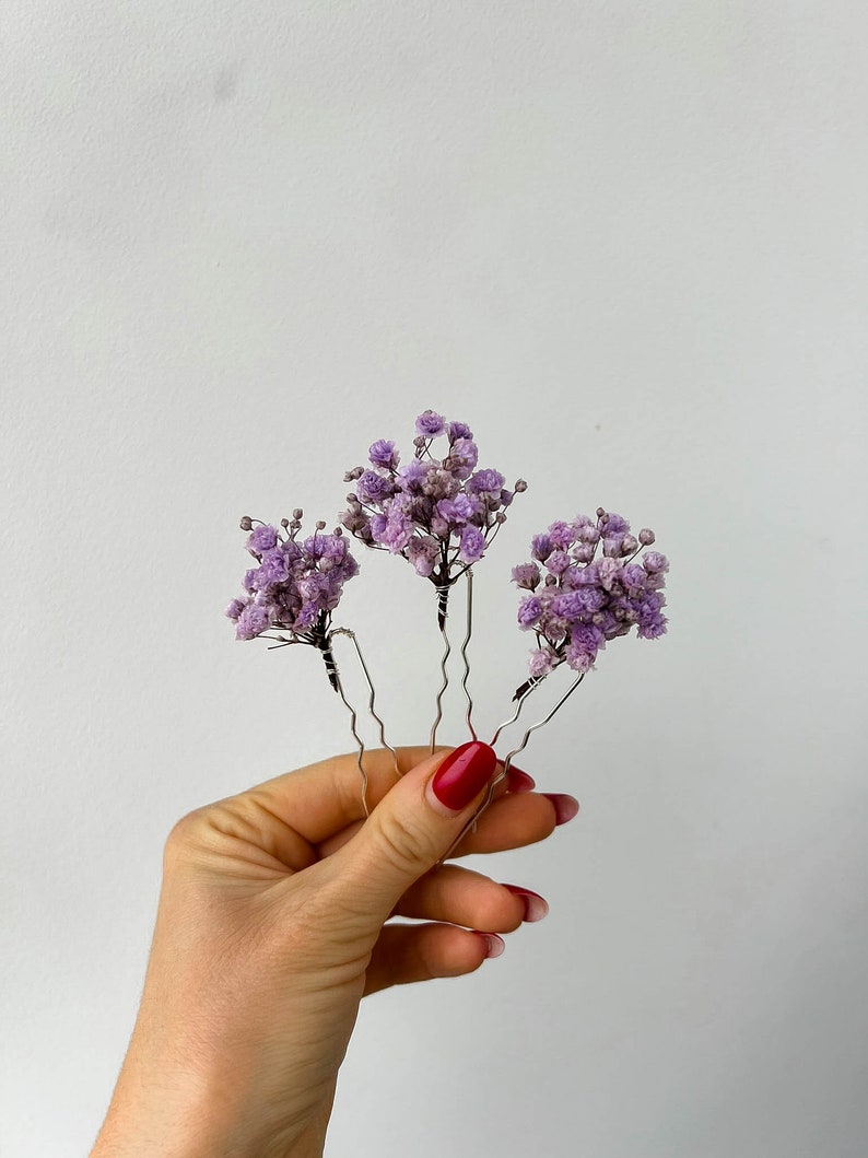 Horquillas para el cabello de flores secas de color púrpura lavanda, accesorios para el cabello florales de boda boho, clips para el cabello de novia, pieza de cabello boho imagen 4