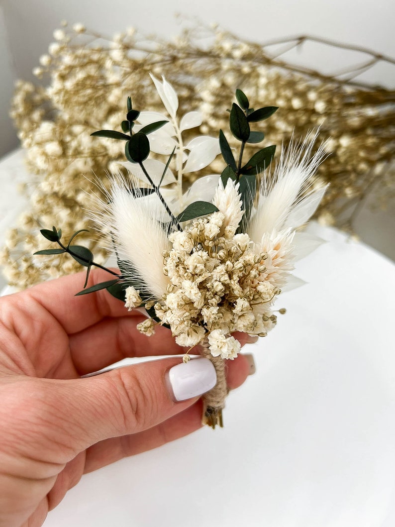 Eucalyptus Wedding boutonniere, Dried flower white boutonniere for Boho Wedding, Grooms buttonhole image 5