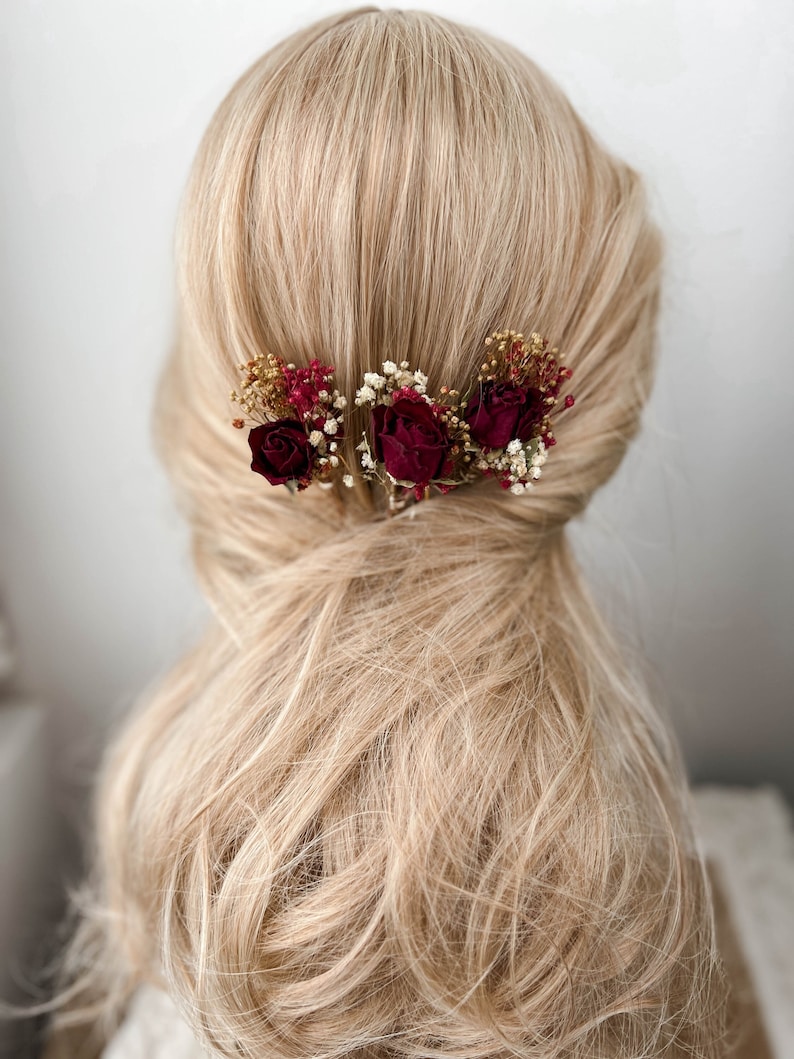 Burgundy Red Rose Wedding dried flower hair pins, Bridal hair accessories, boho floral hair clip, hair piece image 2