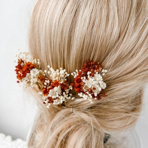 Épingles à cheveux de fleurs séchées de mariage rustique en terre cuite, accessoires de cheveux de mariage automne automne, morceau de cheveux de mariée bohème, pinces à cheveux rouille florale image 3