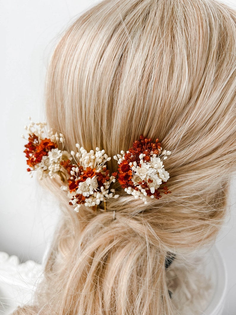 Épingles à cheveux de fleurs séchées de mariage rustique en terre cuite, accessoires de cheveux de mariage automne automne, morceau de cheveux de mariée bohème, pinces à cheveux rouille florale image 3