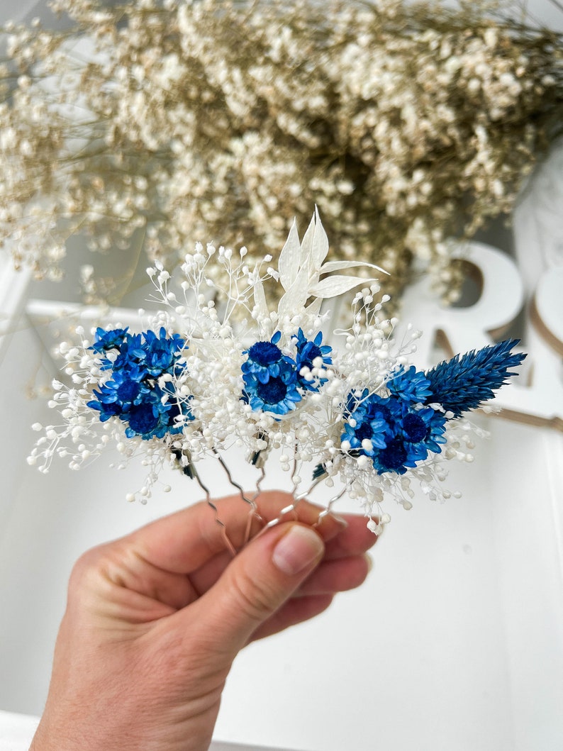 Majestic Blue Wedding Dried flower hair pins, Boho Bridal hair accessories, bohemian Gypsophila hair piece, Babys Breath hair clips image 7