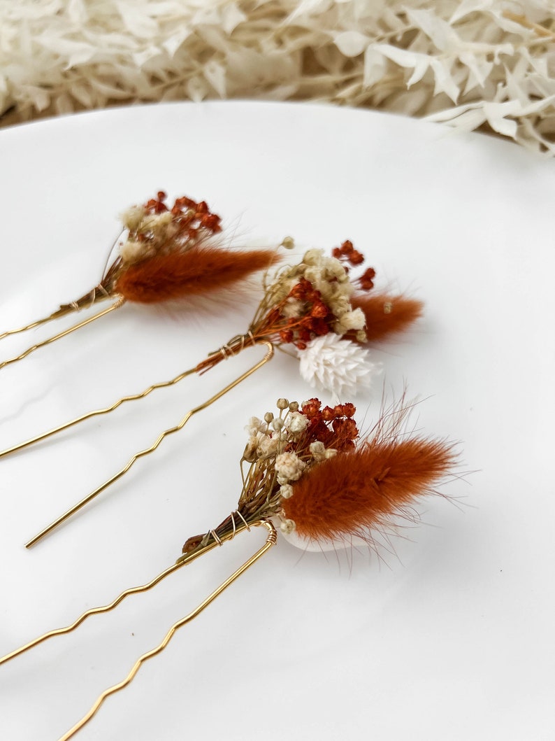 Épingles à cheveux fleurs séchées de mariage en terre cuite, accessoires de cheveux de mariage automne automne, morceau de cheveux de mariée bohème rustique, petites pinces à cheveux florales image 7