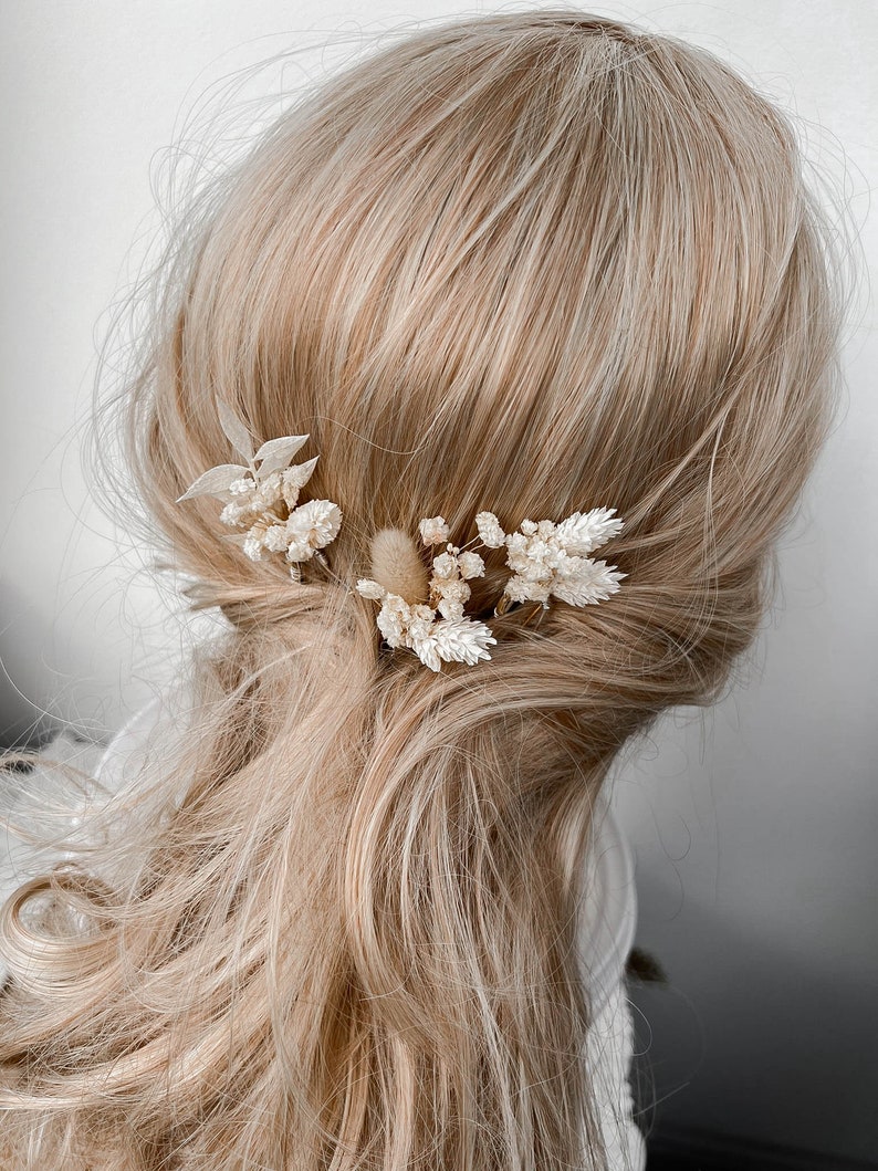 Épingles à cheveux bohèmes fleurs séchées, épingles à cheveux fleurs de mariage bohème blanches, accessoires pour cheveux de mariée, vraies pinces à cheveux florales en gypsophile image 7