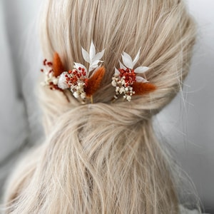 Forcine per capelli con fiori secchi in terracotta, accessori per capelli da sposa autunno autunno, pezzo per capelli da sposa rustico Boho, piccoli fermagli per capelli floreali immagine 7