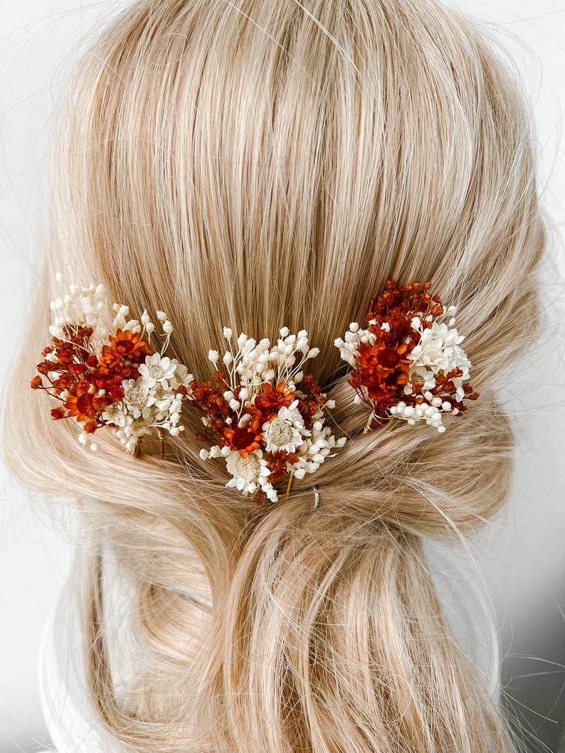 Épingles à cheveux de fleurs séchées de mariage rustique en terre cuite, accessoires de cheveux de mariage automne automne, morceau de cheveux de mariée bohème, pinces à cheveux rouille florale image 6