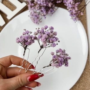 Horquillas para el cabello de flores secas de color púrpura lavanda, accesorios para el cabello florales de boda boho, clips para el cabello de novia, pieza de cabello boho imagen 5