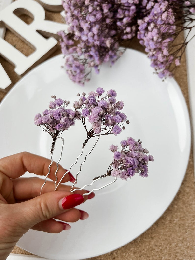 Lavender Purple Dried flower hair pins, Boho Wedding Floral hair accessories, Bridal hair clips, bohemian hair piece image 5