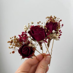 Burgundy Red Rose Wedding dried flower hair pins, Bridal hair accessories, boho floral hair clip, hair piece image 5