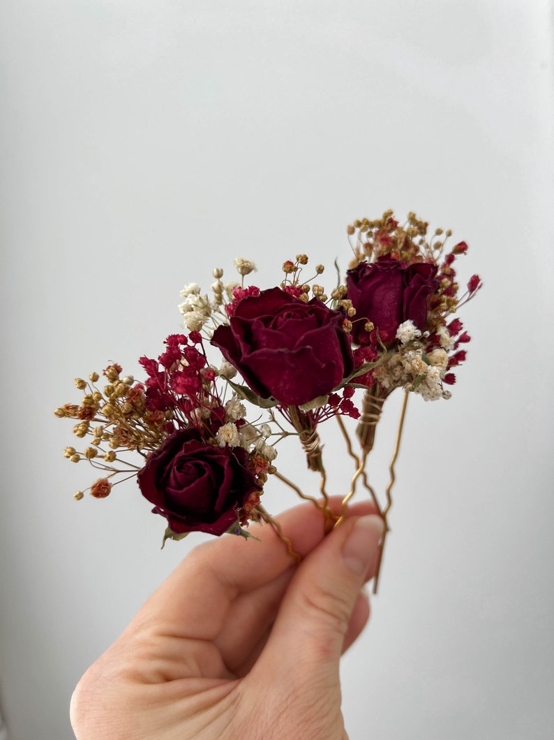 Burgundy Red Rose Wedding dried flower hair pins, Bridal hair accessories, boho floral hair clip, hair piece image 5