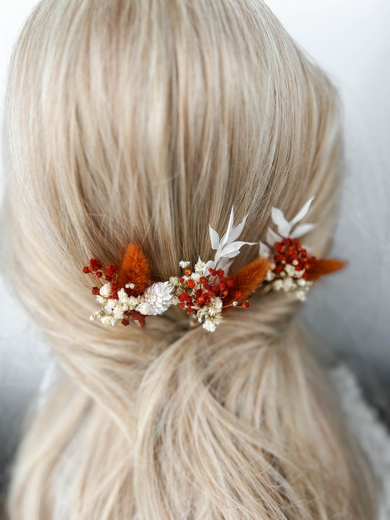 Forcine per capelli con fiori secchi in terracotta, accessori per capelli da sposa autunno autunno, pezzo per capelli da sposa rustico Boho, piccoli fermagli per capelli floreali immagine 3