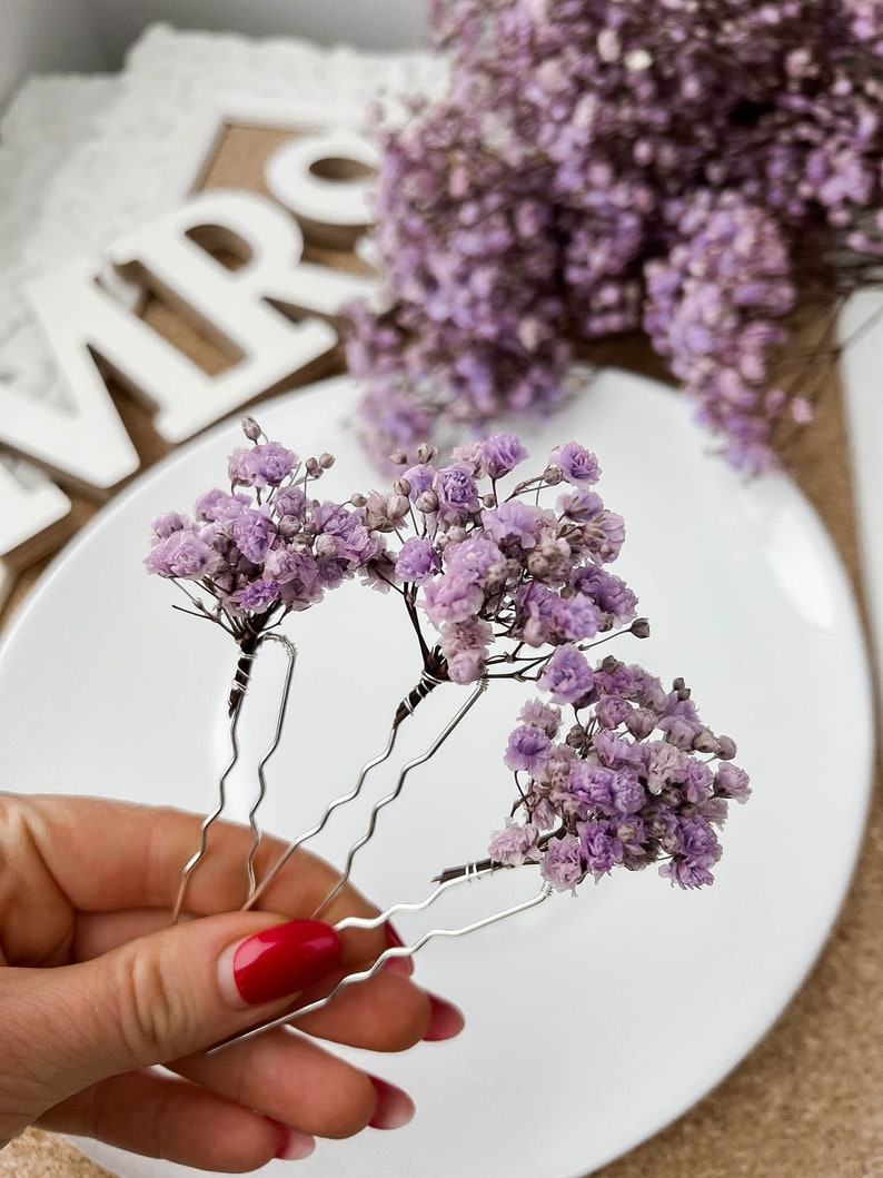 Lavender Purple Dried flower hair pins, Boho Wedding Floral hair accessories, Bridal hair clips, bohemian hair piece image 1