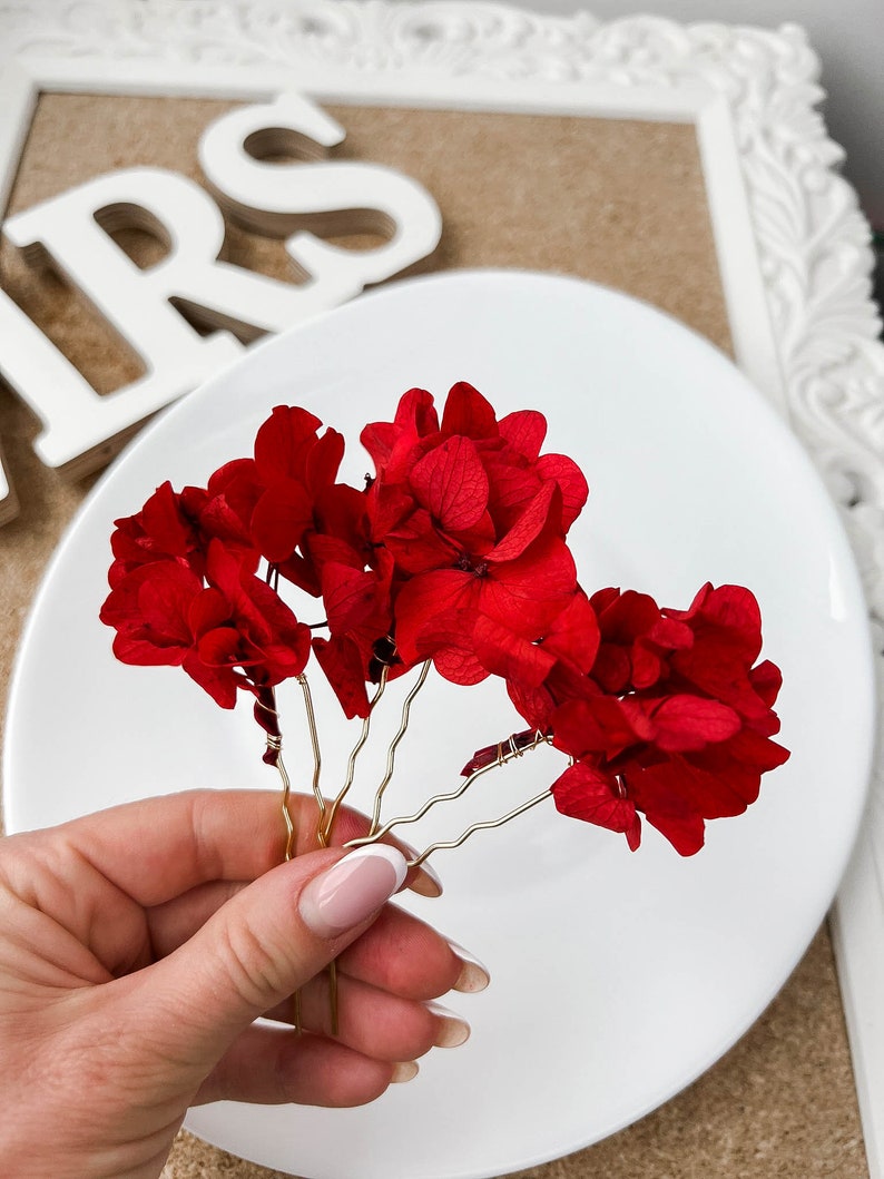 Épingles à cheveux fleurs séchées de mariage rouge bordeaux, accessoires pour cheveux bohème hortensia, morceau de cheveux floral, pinces à cheveux rouges image 2