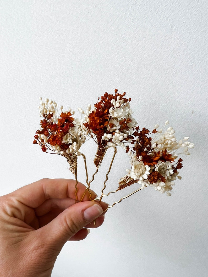 Épingles à cheveux de fleurs séchées de mariage rustique en terre cuite, accessoires de cheveux de mariage automne automne, morceau de cheveux de mariée bohème, pinces à cheveux rouille florale image 9