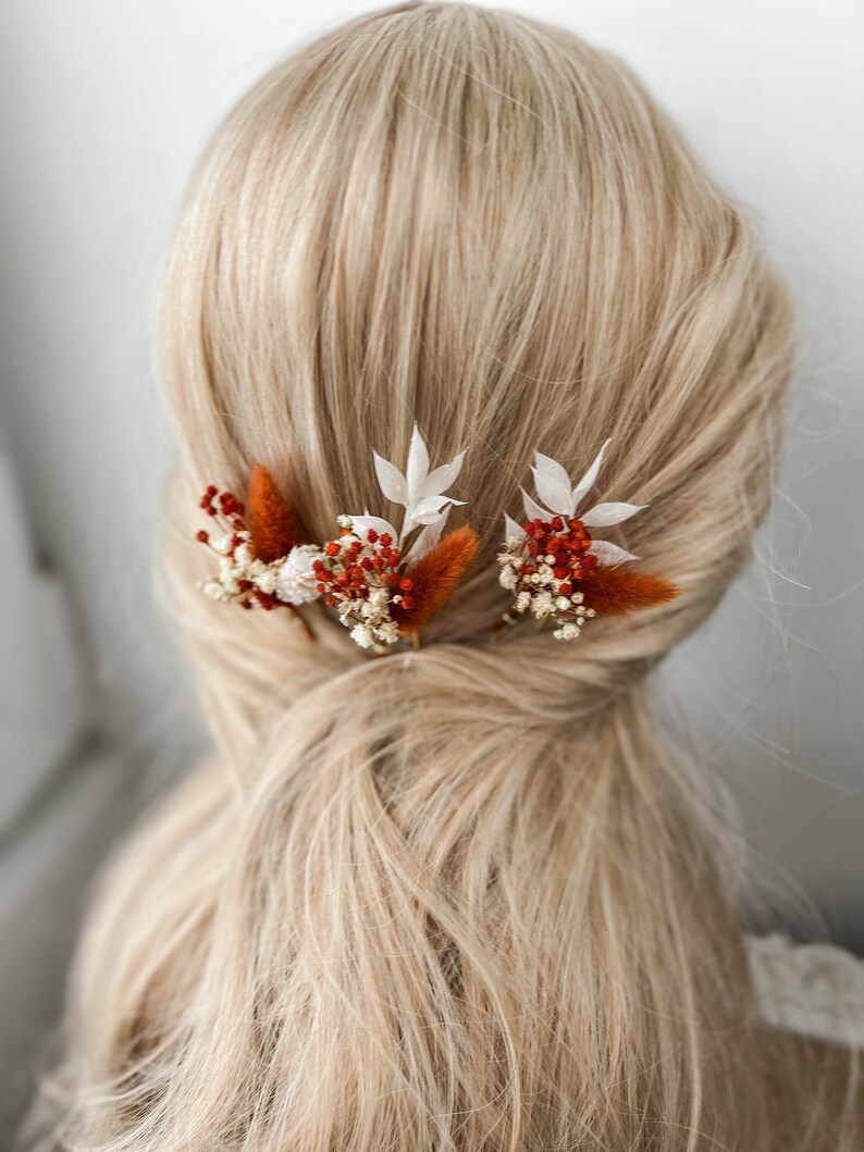 Forcine per capelli con fiori secchi in terracotta, accessori per capelli da sposa autunno autunno, pezzo per capelli da sposa rustico Boho, piccoli fermagli per capelli floreali immagine 1