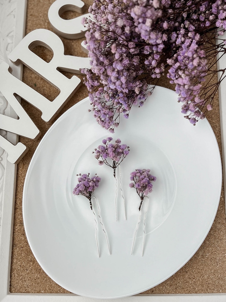 Lavender Purple Dried flower hair pins, Boho Wedding Floral hair accessories, Bridal hair clips, bohemian hair piece image 2