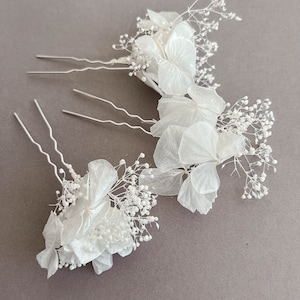 Épingles à cheveux de fleurs séchées d'hortensia blanc pour la mariée, accessoires pour cheveux, épingles à cheveux pour mariée mariage BOHO, accessoire pour cheveux floral image 6