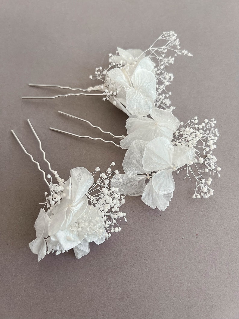 Épingles à cheveux de fleurs séchées d'hortensia blanc pour la mariée, accessoires pour cheveux, épingles à cheveux pour mariée mariage BOHO, accessoire pour cheveux floral image 6