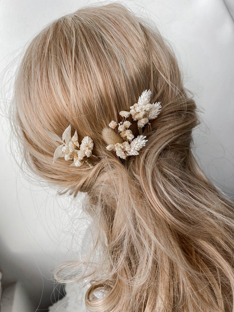 Épingles à cheveux bohèmes fleurs séchées, épingles à cheveux fleurs de mariage bohème blanches, accessoires pour cheveux de mariée, vraies pinces à cheveux florales en gypsophile image 5