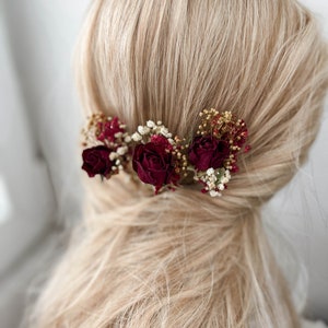 Burgundy Red Rose Wedding dried flower hair pins, Bridal hair accessories, boho floral hair clip, hair piece image 7