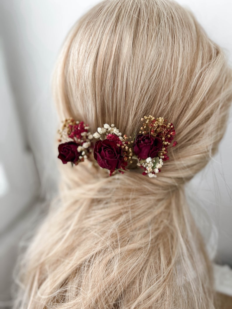 Burgundy Red Rose Wedding dried flower hair pins, Bridal hair accessories, boho floral hair clip, hair piece image 7