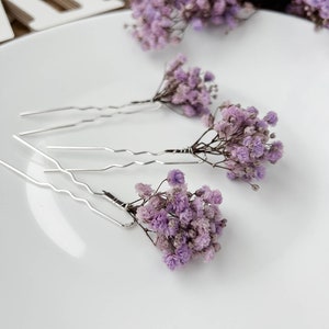 Horquillas para el cabello de flores secas de color púrpura lavanda, accesorios para el cabello florales de boda boho, clips para el cabello de novia, pieza de cabello boho imagen 3