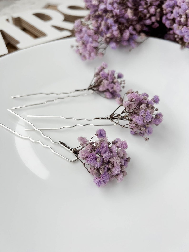 Lavender Purple Dried flower hair pins, Boho Wedding Floral hair accessories, Bridal hair clips, bohemian hair piece image 3
