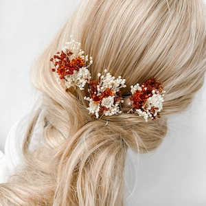 Épingles à cheveux de fleurs séchées de mariage rustique en terre cuite, accessoires de cheveux de mariage automne automne, morceau de cheveux de mariée bohème, pinces à cheveux rouille florale image 8