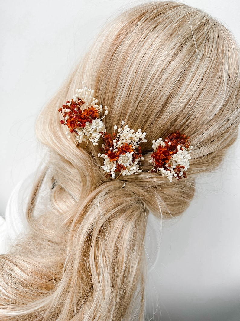 Épingles à cheveux de fleurs séchées de mariage rustique en terre cuite, accessoires de cheveux de mariage automne automne, morceau de cheveux de mariée bohème, pinces à cheveux rouille florale image 8