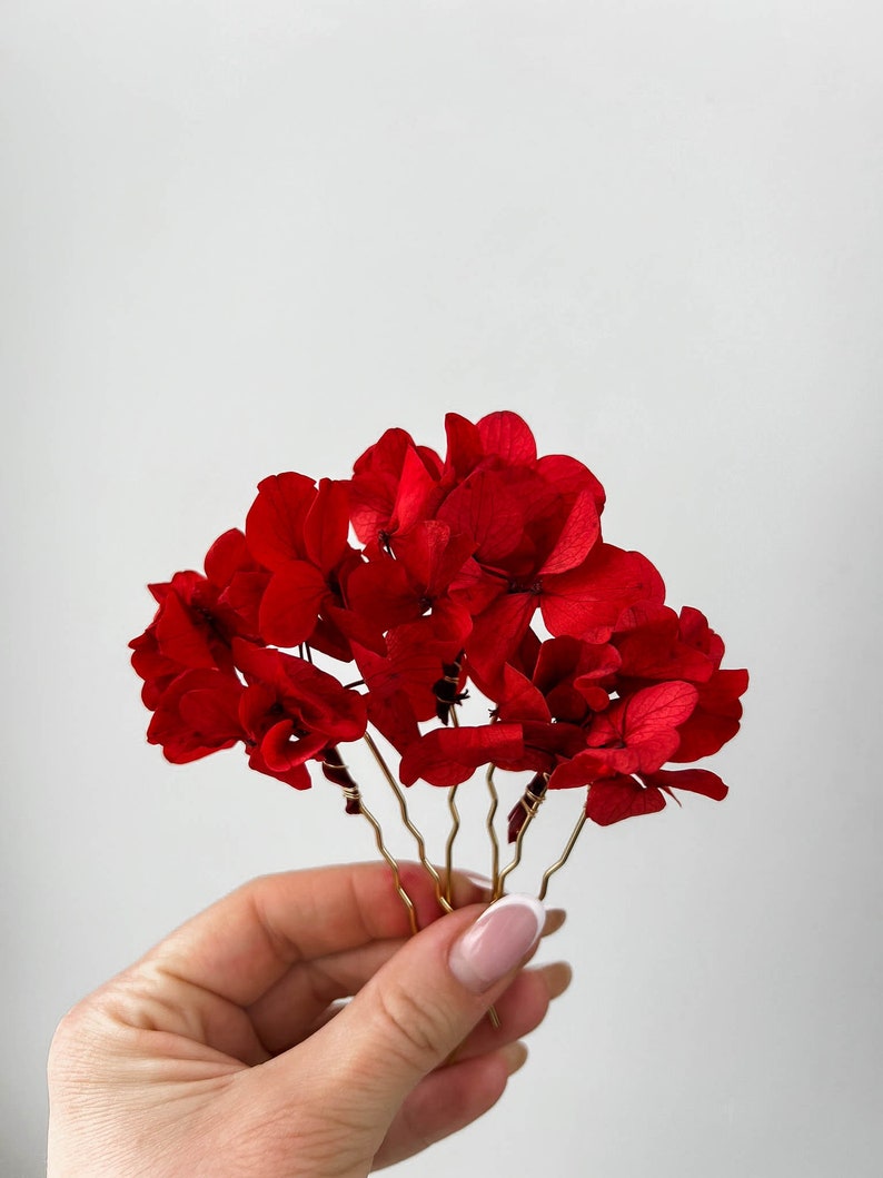 Épingles à cheveux fleurs séchées de mariage rouge bordeaux, accessoires pour cheveux bohème hortensia, morceau de cheveux floral, pinces à cheveux rouges image 3