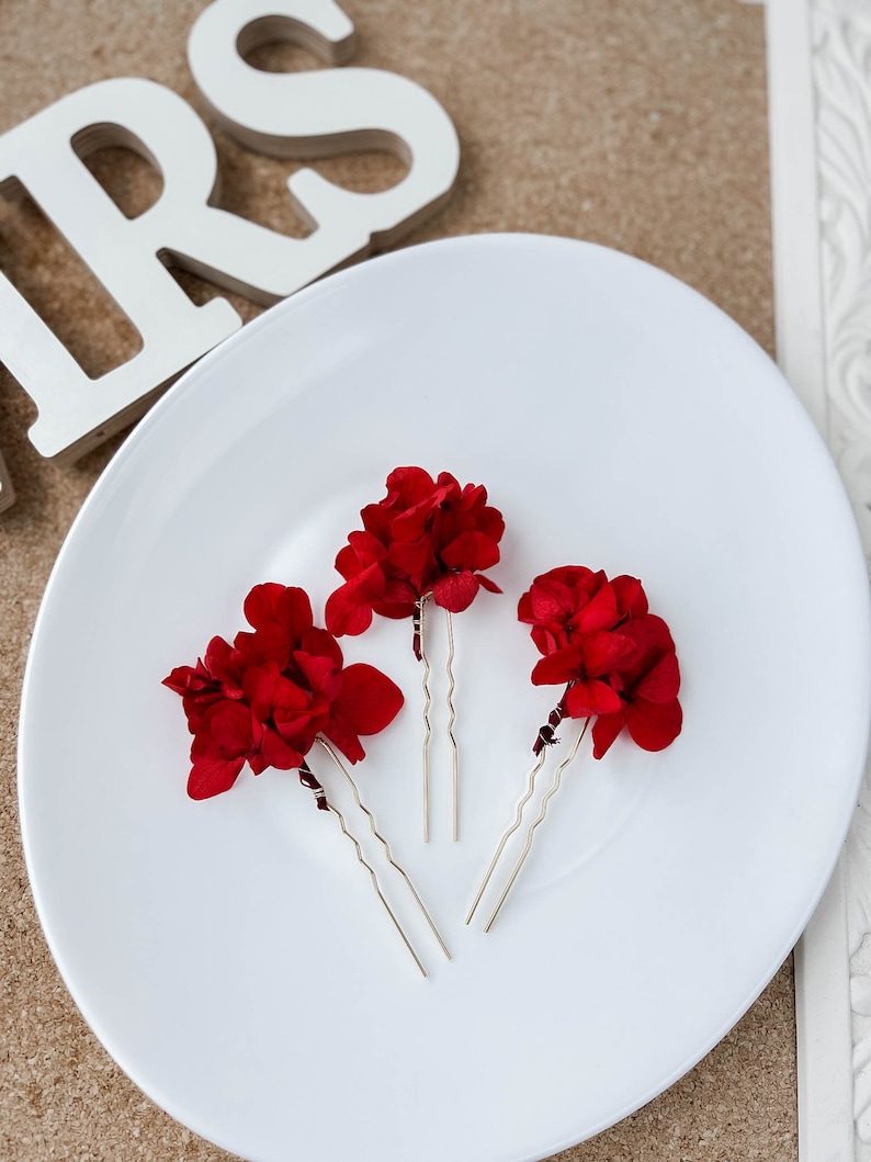 Épingles à cheveux fleurs séchées de mariage rouge bordeaux, accessoires pour cheveux bohème hortensia, morceau de cheveux floral, pinces à cheveux rouges image 6