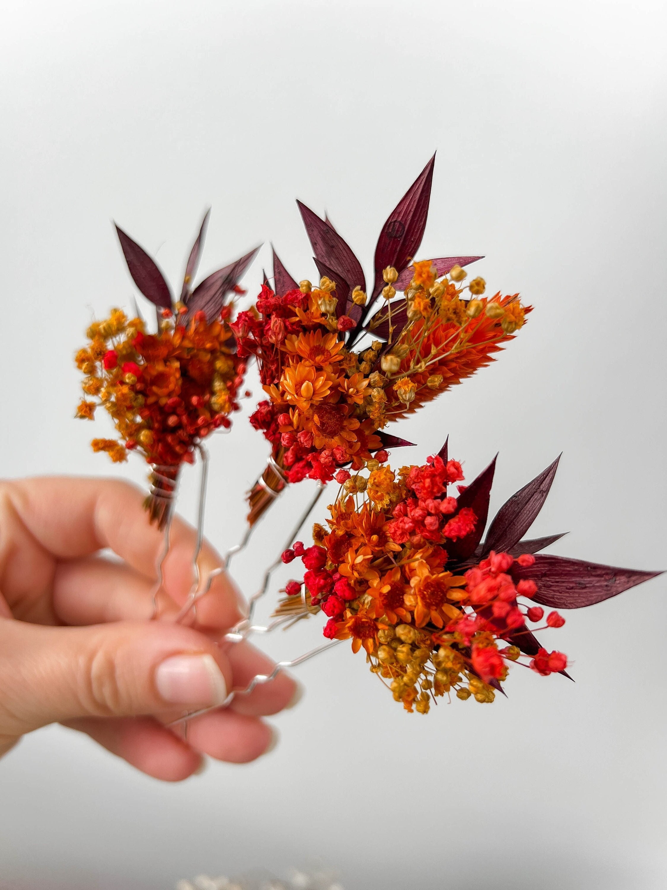 Autumn Wedding Dried Flower Hair Pins, Ruscus Leaves Floral Clips