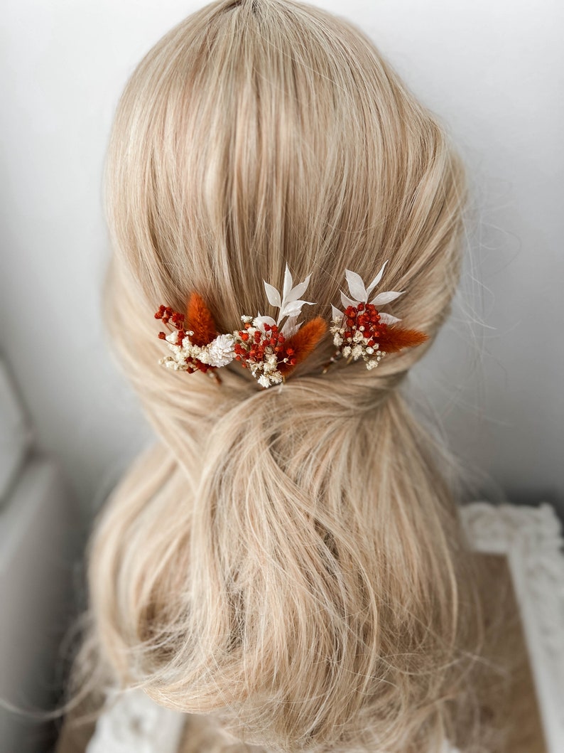 Forcine per capelli con fiori secchi in terracotta, accessori per capelli da sposa autunno autunno, pezzo per capelli da sposa rustico Boho, piccoli fermagli per capelli floreali immagine 10