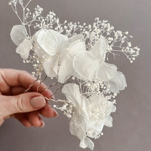 Forcine per capelli con fiori secchi di ortensia bianca per sposa, accessori per capelli, fermagli per capelli da sposa BOHO, accessorio per capelli floreale immagine 4