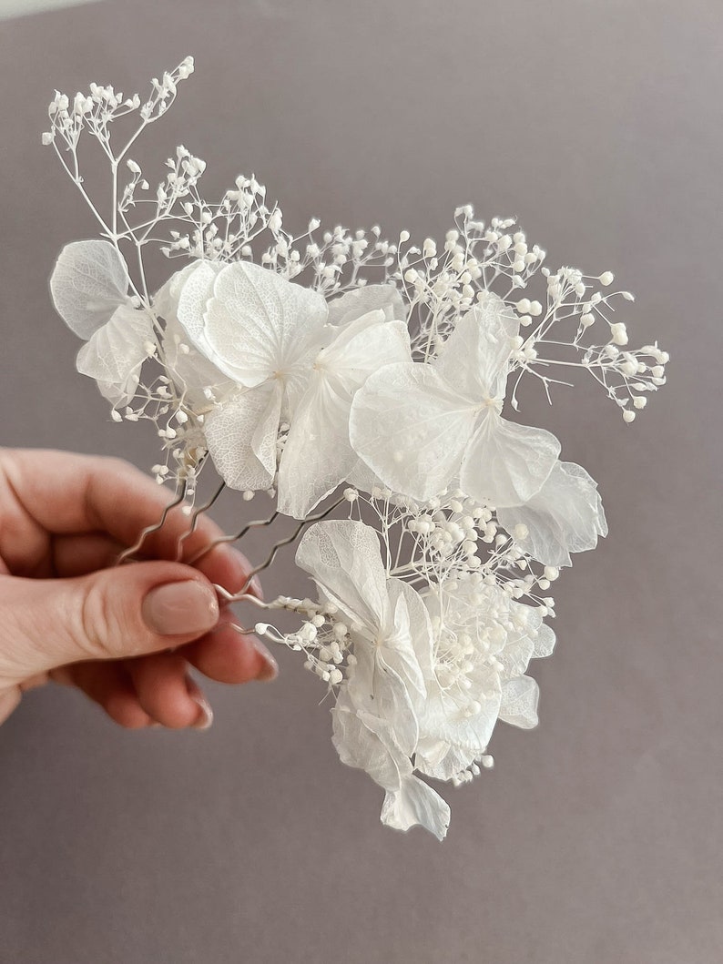 Épingles à cheveux de fleurs séchées d'hortensia blanc pour la mariée, accessoires pour cheveux, épingles à cheveux pour mariée mariage BOHO, accessoire pour cheveux floral image 4