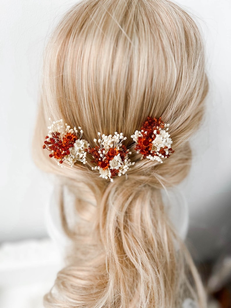 Épingles à cheveux de fleurs séchées de mariage rustique en terre cuite, accessoires de cheveux de mariage automne automne, morceau de cheveux de mariée bohème, pinces à cheveux rouille florale image 1