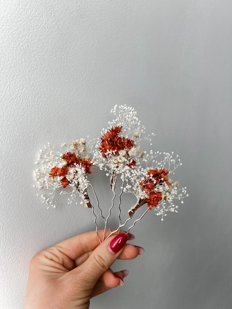 Épingles à cheveux fleurs séchées de mariage en terre cuite, accessoires de cheveux de mariage automne automne, morceau de cheveux de mariée bohème rustique, pinces à cheveux florales image 5